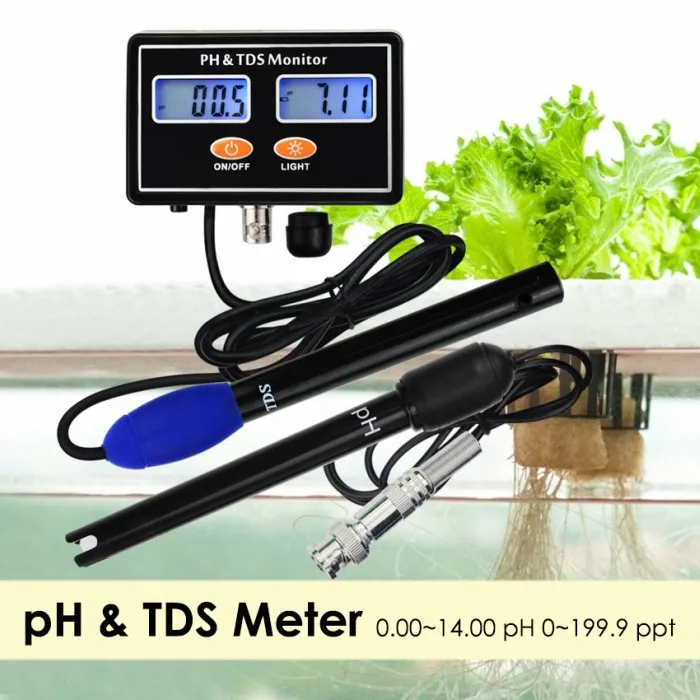 Двойной дисплей комбинированный pH& TDS монитор тестер 0,00~ 14.00pH& 0,0~ 199.9ppt w/ATC перезаряжаемый контроль качества воды в реальном времени
