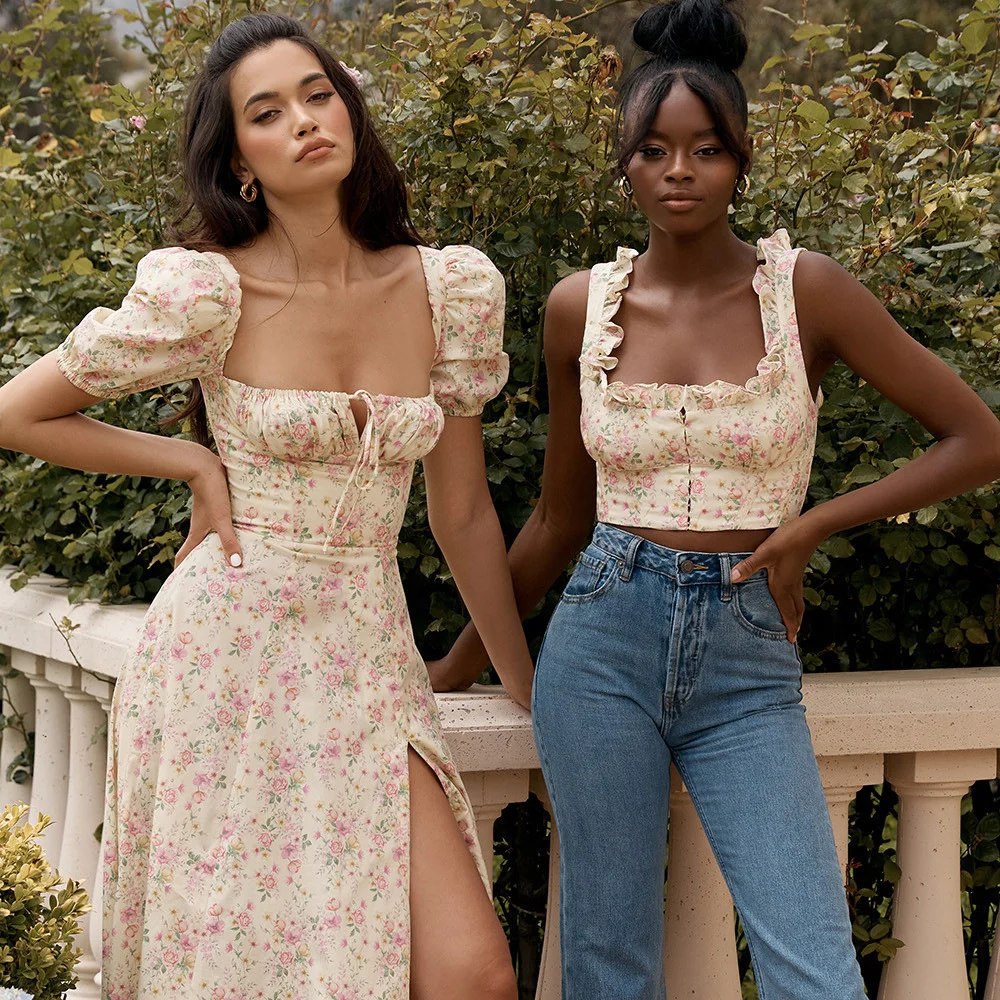 

Women's Vintage Dress 2021 Elegant Robe French Low Collar Bohemian Sweet Puff Sleeve Split Sexy Flower Dresses For Women Clothes