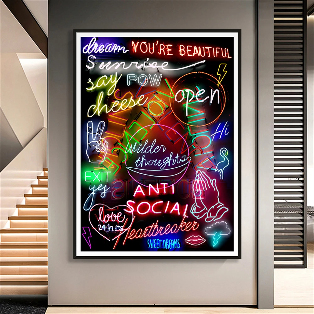 

Nordic Neon Sign Mashup Print Art Posters Prints Pop Street Canvas Painting Wall Pictures for Boys Game Room Decor Home Decor