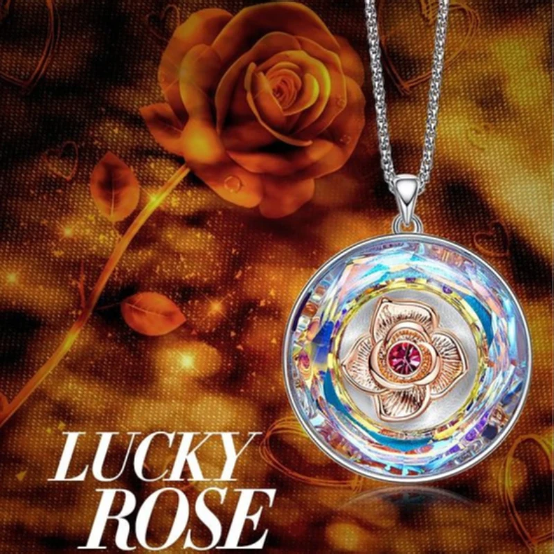 Fashion Income Lucky Romantic Rose Necklace Colorful Crystal Circle Hug Rose Pendant Lucky Gift for Romantic Lovers