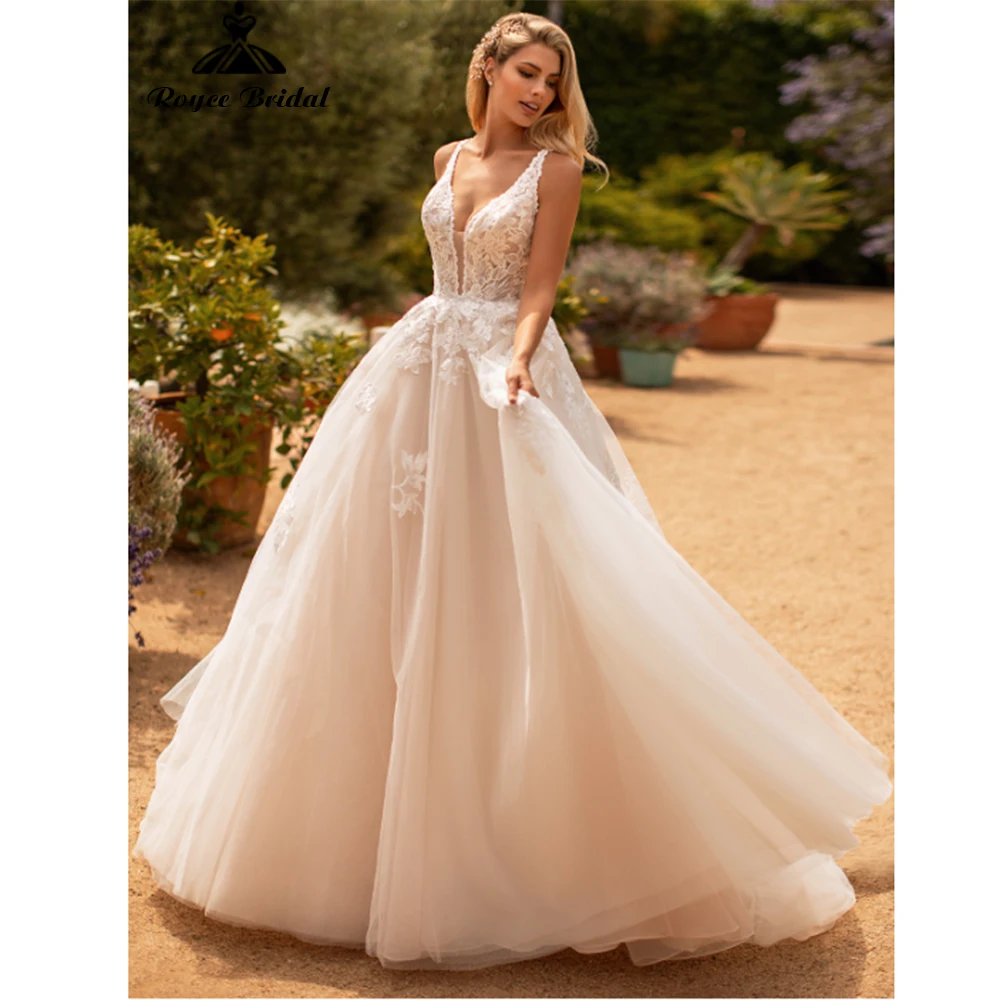 

Ball Gown Wedding Dresses 2022 Bride Gown Sleeveless Sweep Button TANK V-neck Tulle Floor-Length Appliques Lace robe de mariée
