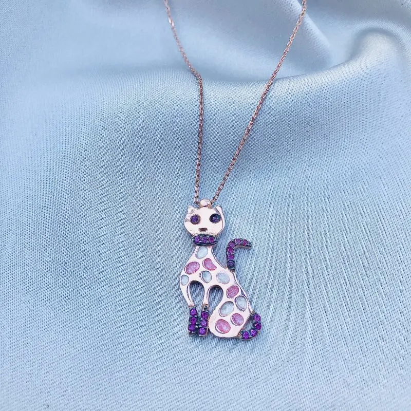 

Colorful Kitten 925 Sterling Silver Necklace Women Girls Gift Jewelry Accessories Fashion Handmade Elegant Chain