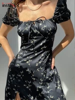 instahot floral print women midi dress puff sleeve lace up slit summer skinny sexy elegant party beach vacation clothing 2022