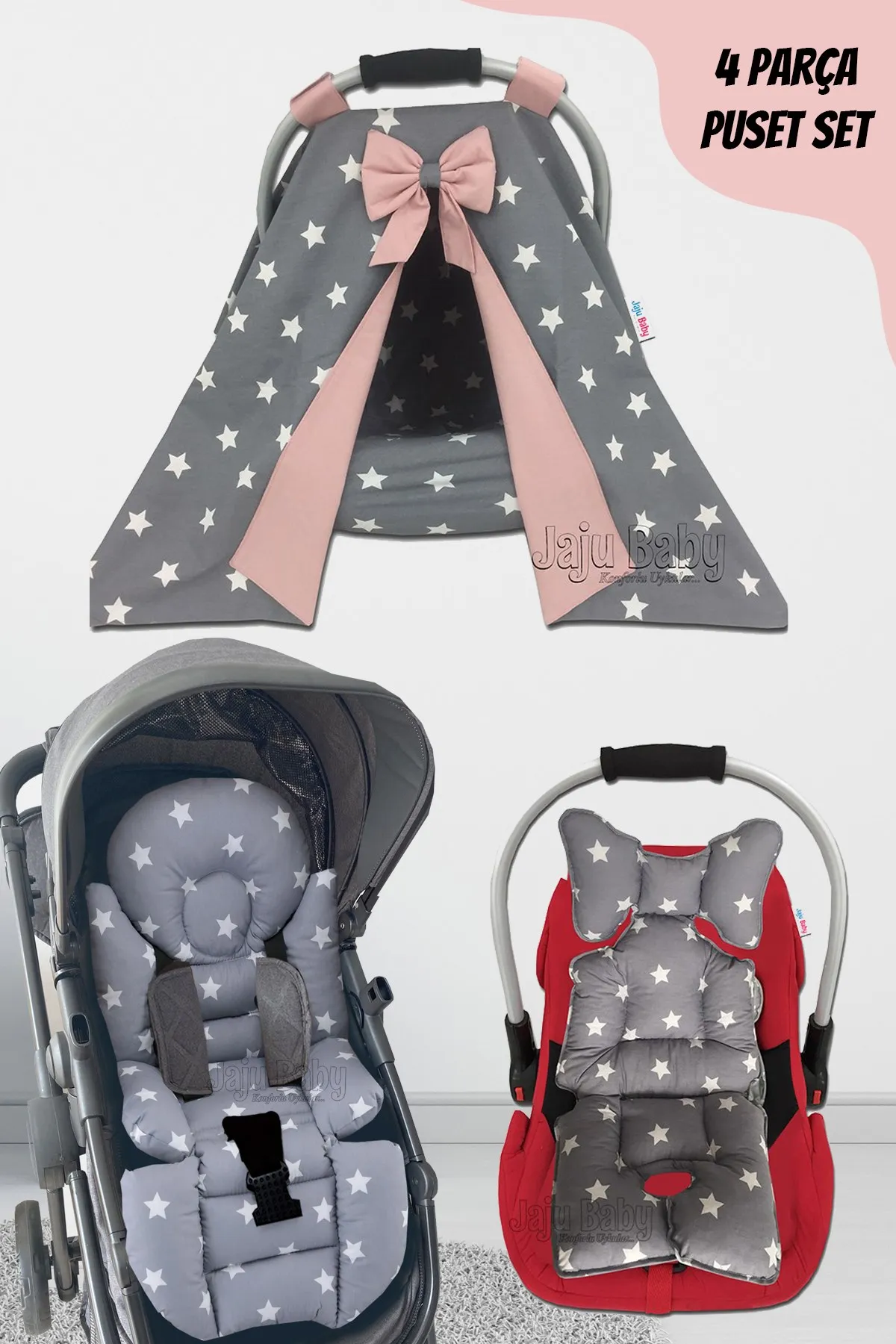 Jaju Baby Handmade, Gray Powder 4-Piece Stroller Set (With Handle)