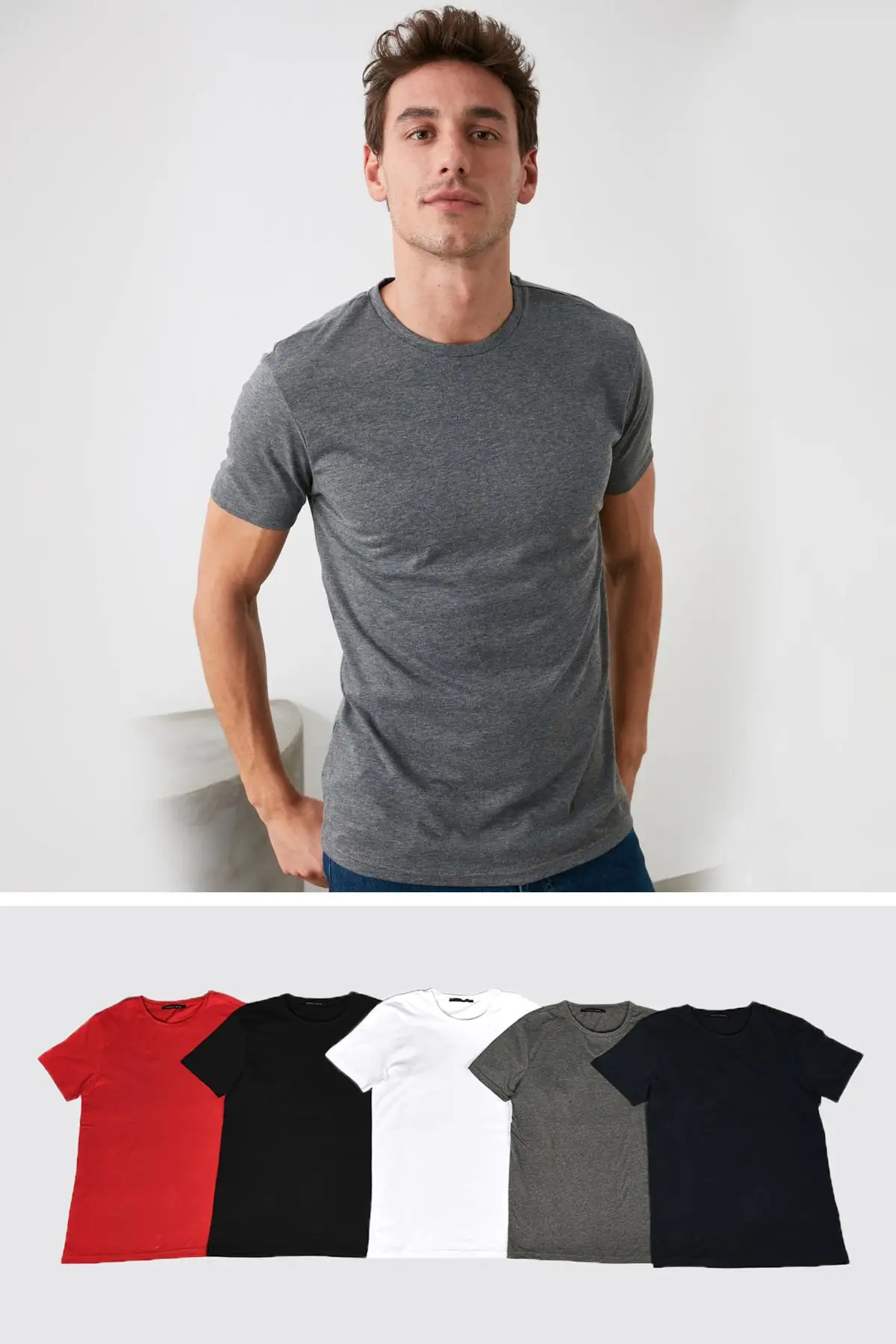 

Multicolor 5 piece men's basic crew neck tshirt short-sleeved slim fit