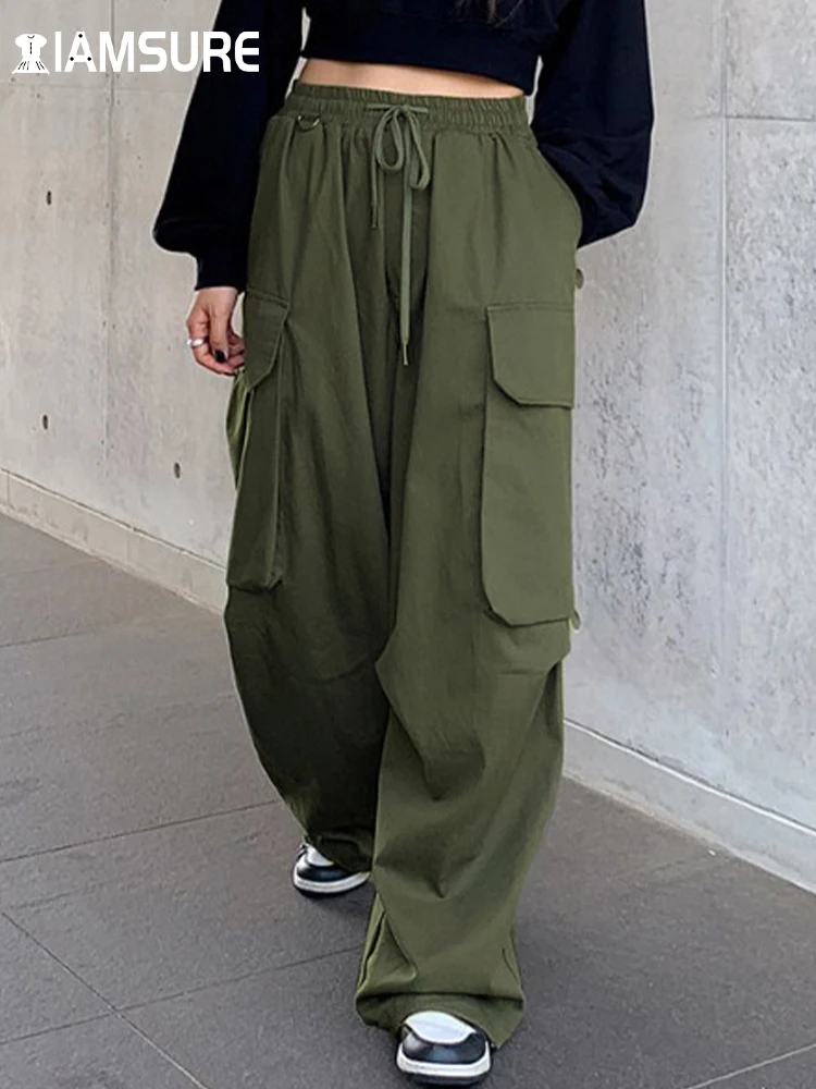 

IAMSURE Casual Streetwear Big Pockets Cargo Pants Loose Solid Elastic Waist Mid-Waisted Wide Leg Pants Women 2022 Summer Fashion