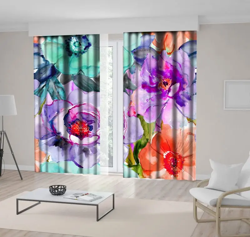 

Curtain Watercolor Painting with Magnolia Lily Orchid Flowers and Tropical Leaves Classic, Art Printed Blue Purple Red Green