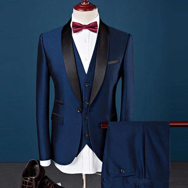 Custom Made Latest Design Handsome Wedding Suits Slim Fit Groom Tuxedos Formal Wears Shawl Lapel Groomsman Suits (Jacket+Pants+v