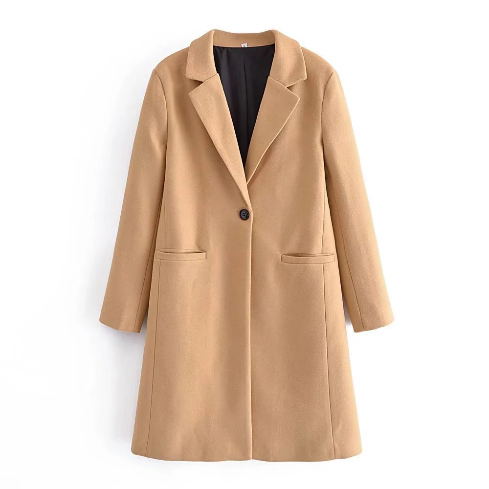 

Women's Coat Fashion Single Button Woolen Coat Vintage Long Sleeve Welt Pockets Female Outerwear Chic Overcoat Windbreaker TR
