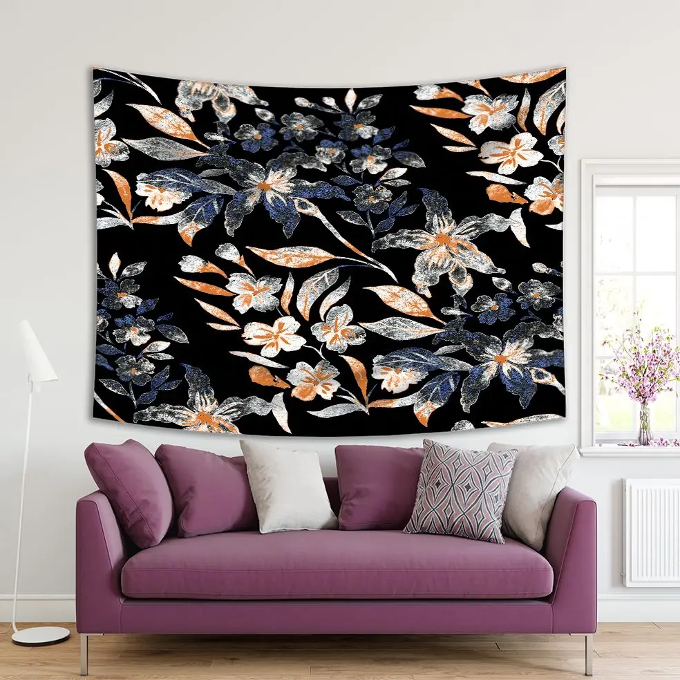 

Tapestry Lilies Flowers with Leaves Floral Pattern Luxurious Design Artwork Beige Blue Black