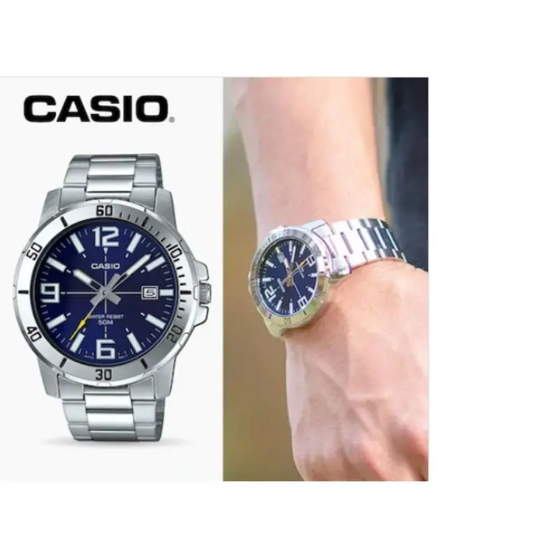 Мужские кварцевые часы Casio из нержавеющей стали с серебристым и синим