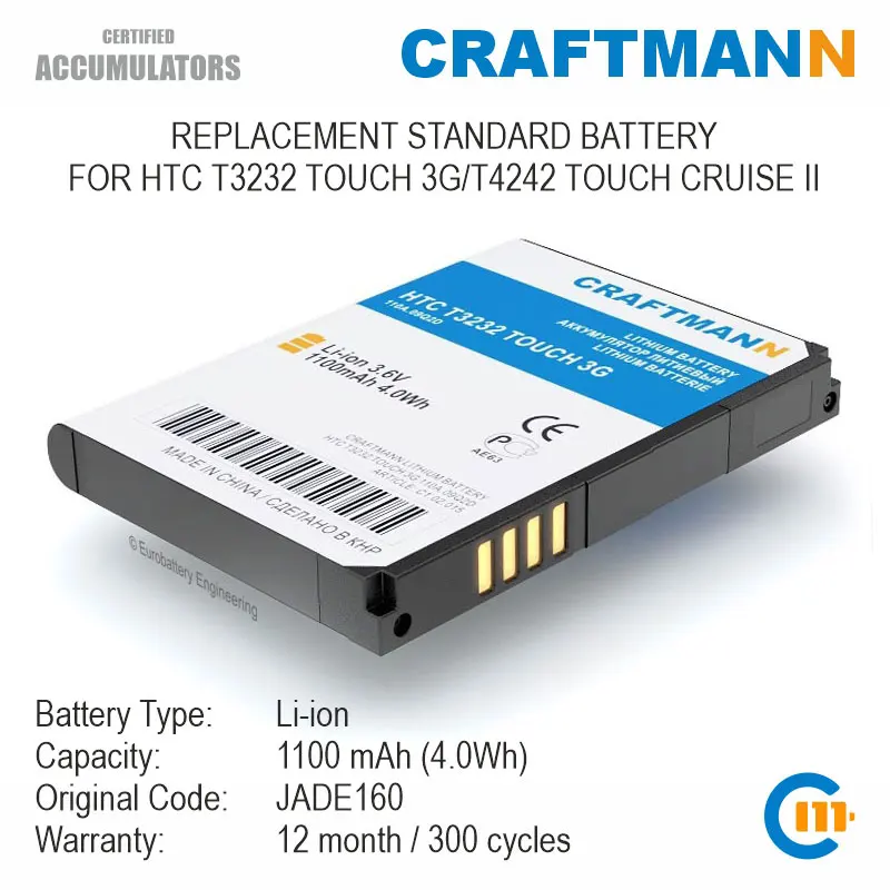 

Craftmann Battery for HTC T3232 TOUCH 3G/T4242 TOUCH CRUISE II (JADE160)