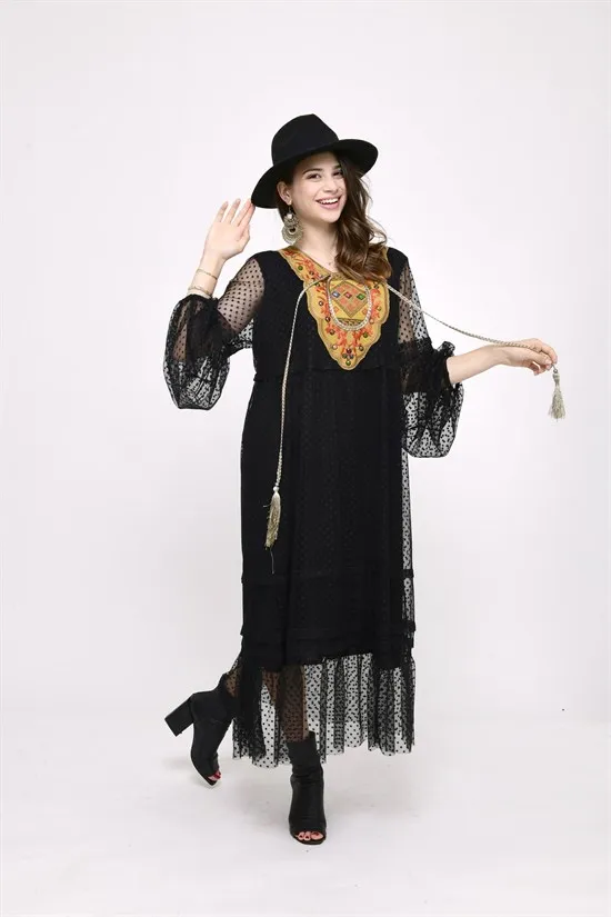 

Женское платье в стиле бохо, Элегантное Длинное Тюлевое платье черного цвета с бахромой в этническом стиле, одежда размера Xs до 4xl, 2021