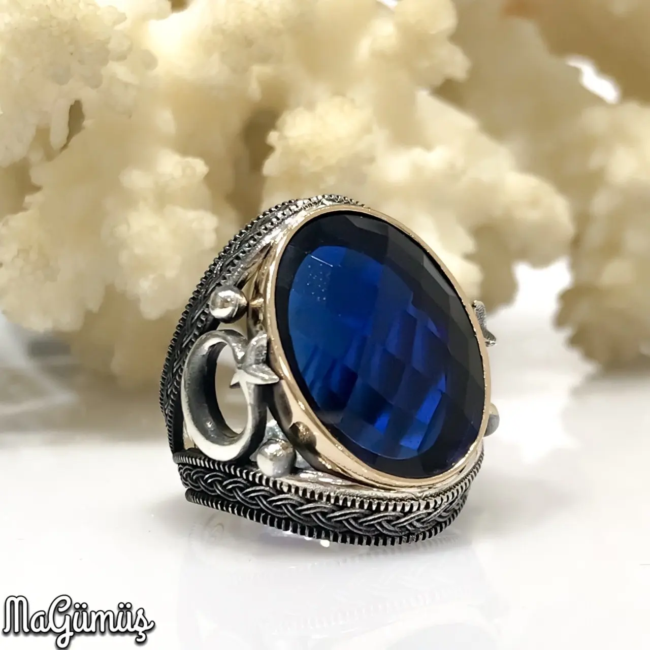 

Navy blue the Moon the stars Hand Embroidered Wonderful Design Sterling Silver Men 'S Ring