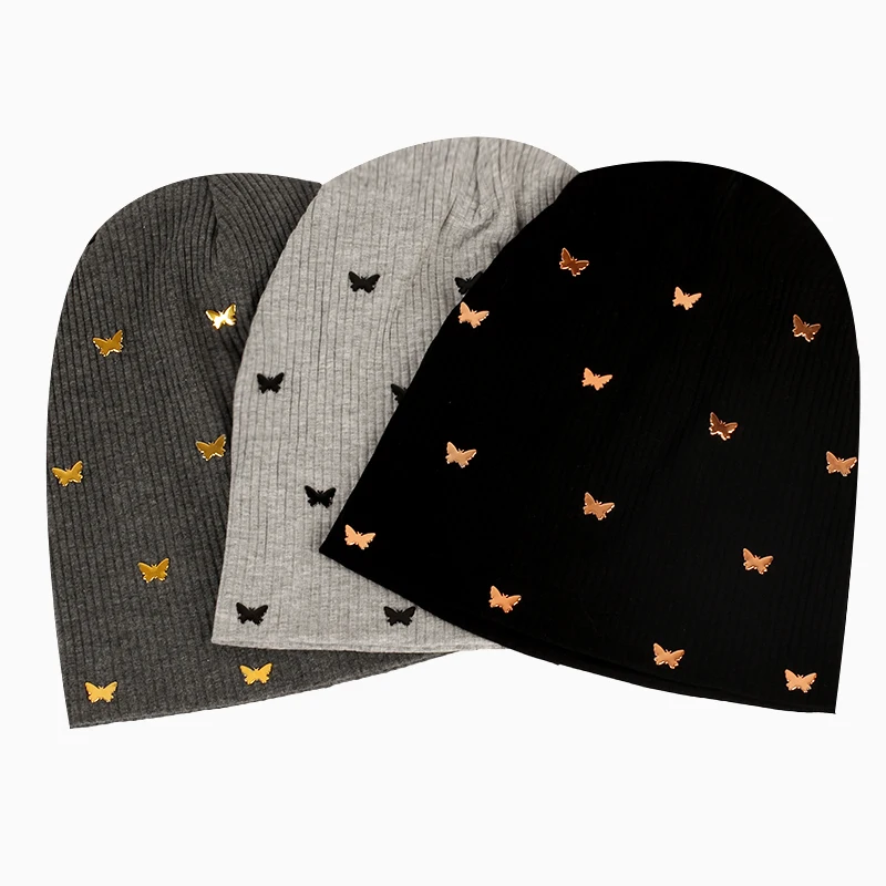 

Geebro Women Butterfly Accessories Hat Soft Elastic Baggy Skullies Beanies Caps Ladies Warm Cotton Ribbing Solid Color Bonnet