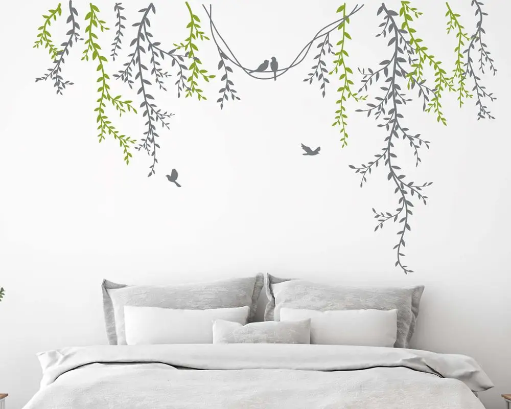 

Hanging Dark Green Vines Wall Decal Sticker Decal Nursery Decal Birds Decal Baby Children - Beautiful Flowers with Flying Birds