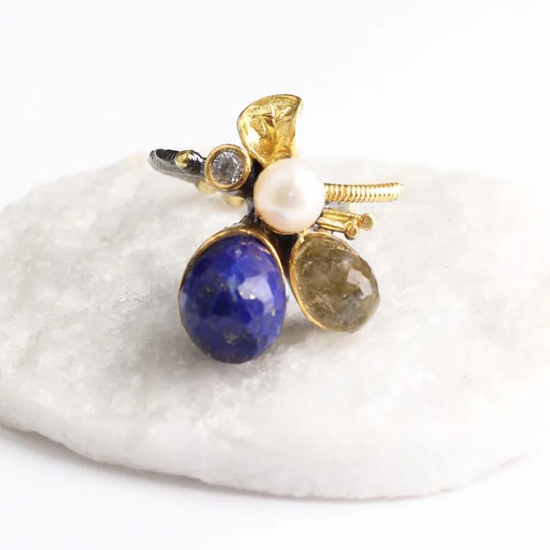 

Lapis Lazuli and Light Green Pearl Zircon Gold Plated Womens Silver Ring, Woman 925 Silver Zircon Handmade Ring, Multicolor Oval