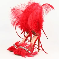 ladies feather decorated high heels catwalk womens shoes rhinestone tassel feather decorated nightclub high heels open toe 45