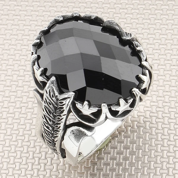 

Star Cluster Motif Oval Black Zircon Natural Stone Sterling Silver Men's Ring Jewelry Gift for New Years for Father for Husband