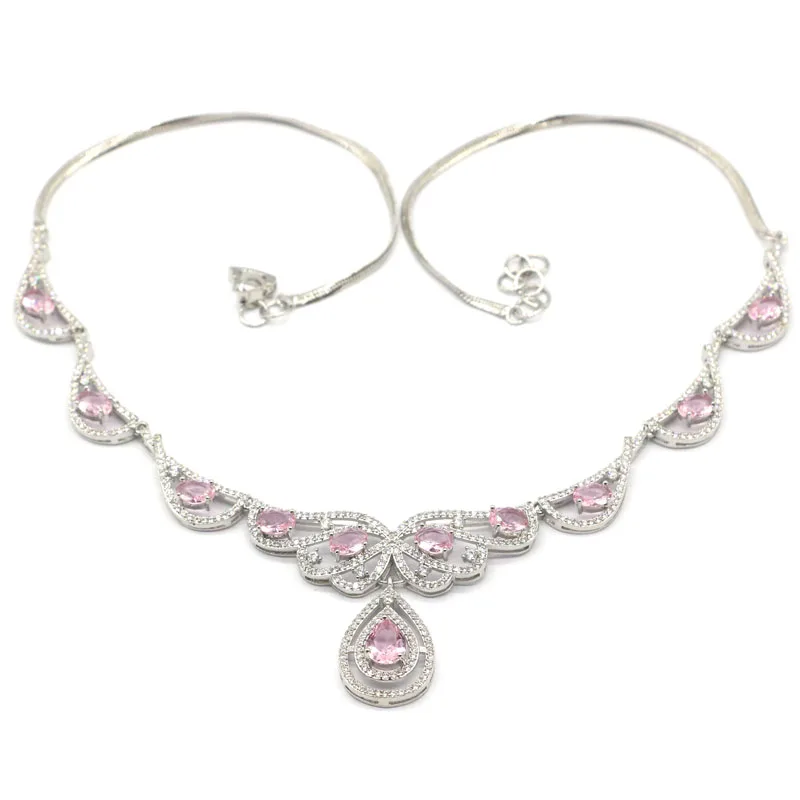 

52x43mm Beautiful 25g Created Pink Kunzite Zircon Wedding Ladies Silver Necklace 20-21inch