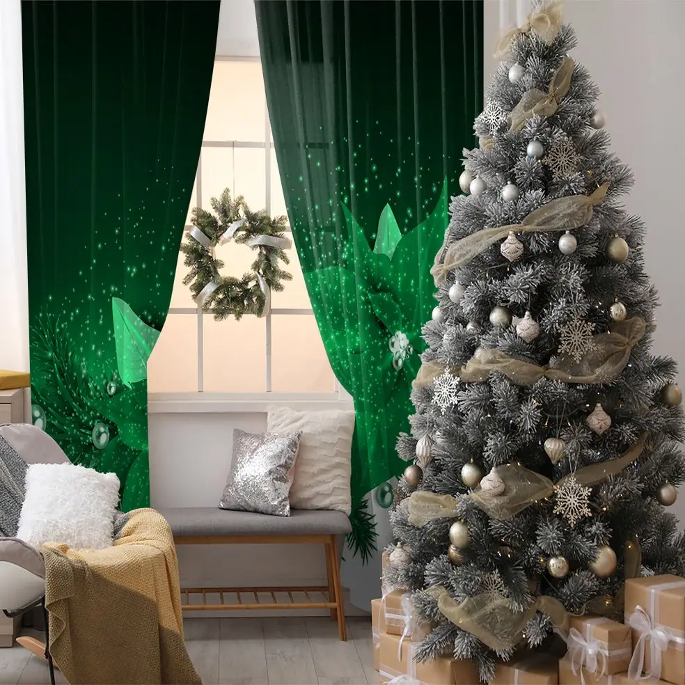 

Curtain Flowers Pearls Fir Tree Branches Holiday Celebration Vintage Style Decorating Theme Artwork Green White