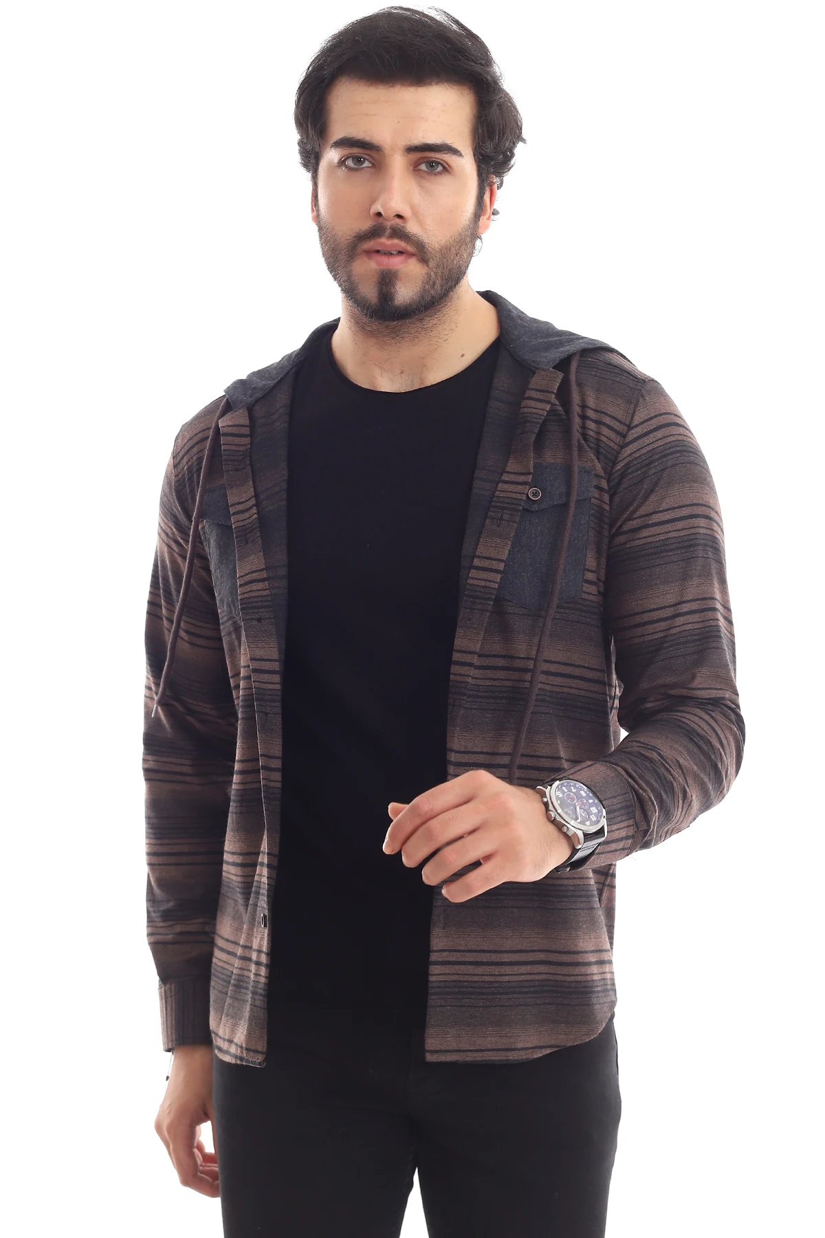 WOODCUTTERS HOODED CASUAL SLYM FİT MALE GÖMLEĞİ (BLACK BEIGE) | Мужская одежда