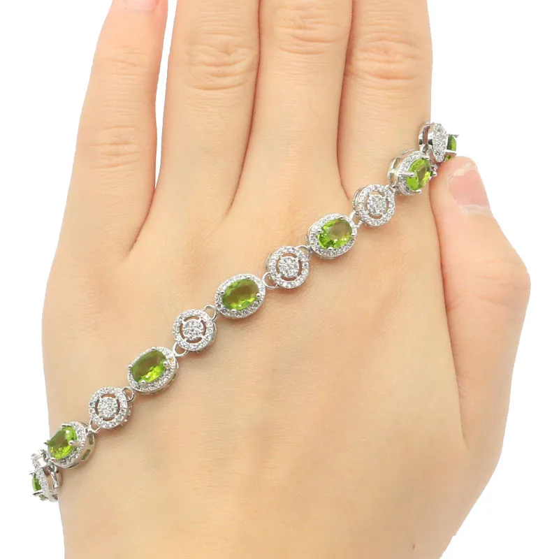 

19x8mm SheCrown Created Green Peridot white CZ Ladies Gift Silver Bracelet 8.5inch