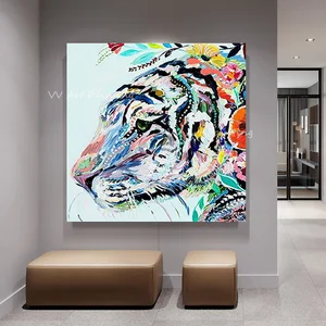 Handpainted 2022 New Year Tiger Animal Colorful Blue Canvas Fashion Women Wall Art Top Picture for Living Room Decor