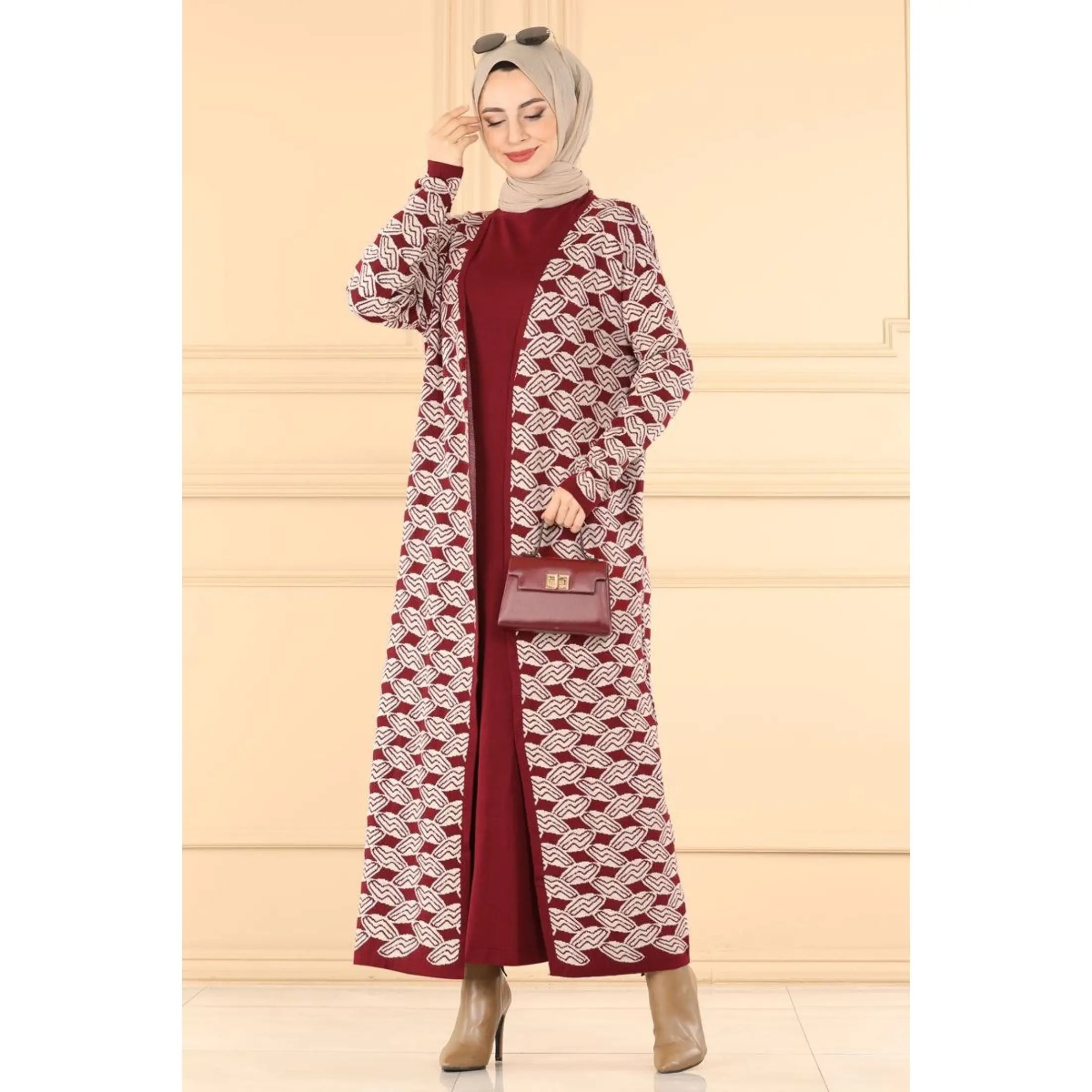 

2 Piece Women's Knitted Maxi Winter Set Long Sleeve Knitwear Maxi Dress and Pattern Cardigan Muslim Fashion 2021