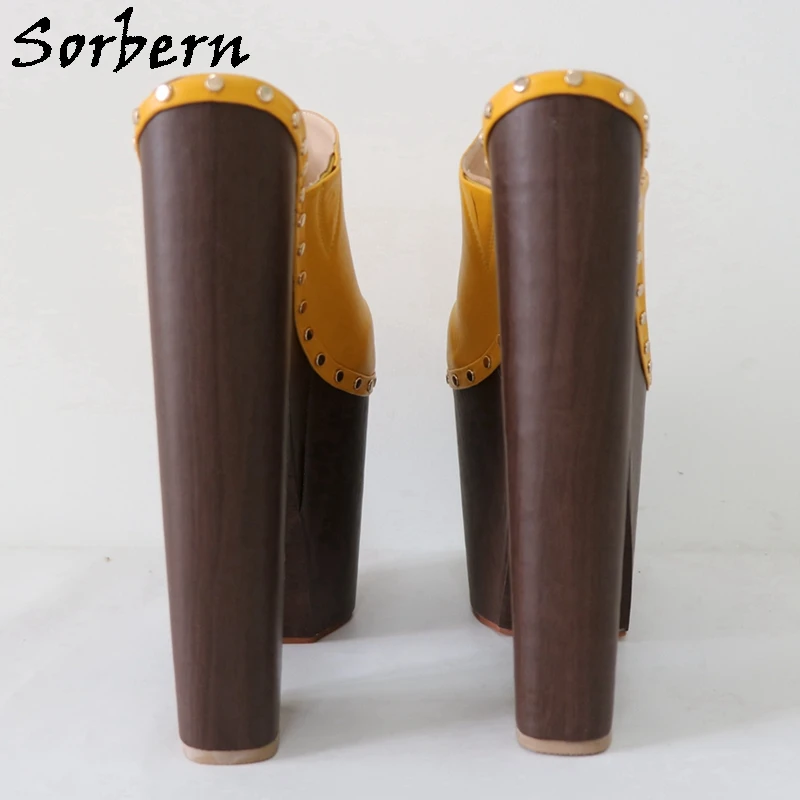 Sorbern Ginger Yellow Pump Shoes 24cm Women Mules Rivet Punk Clogs Block Wooden Style Wide Heels Unisex Shoe Thick Platform