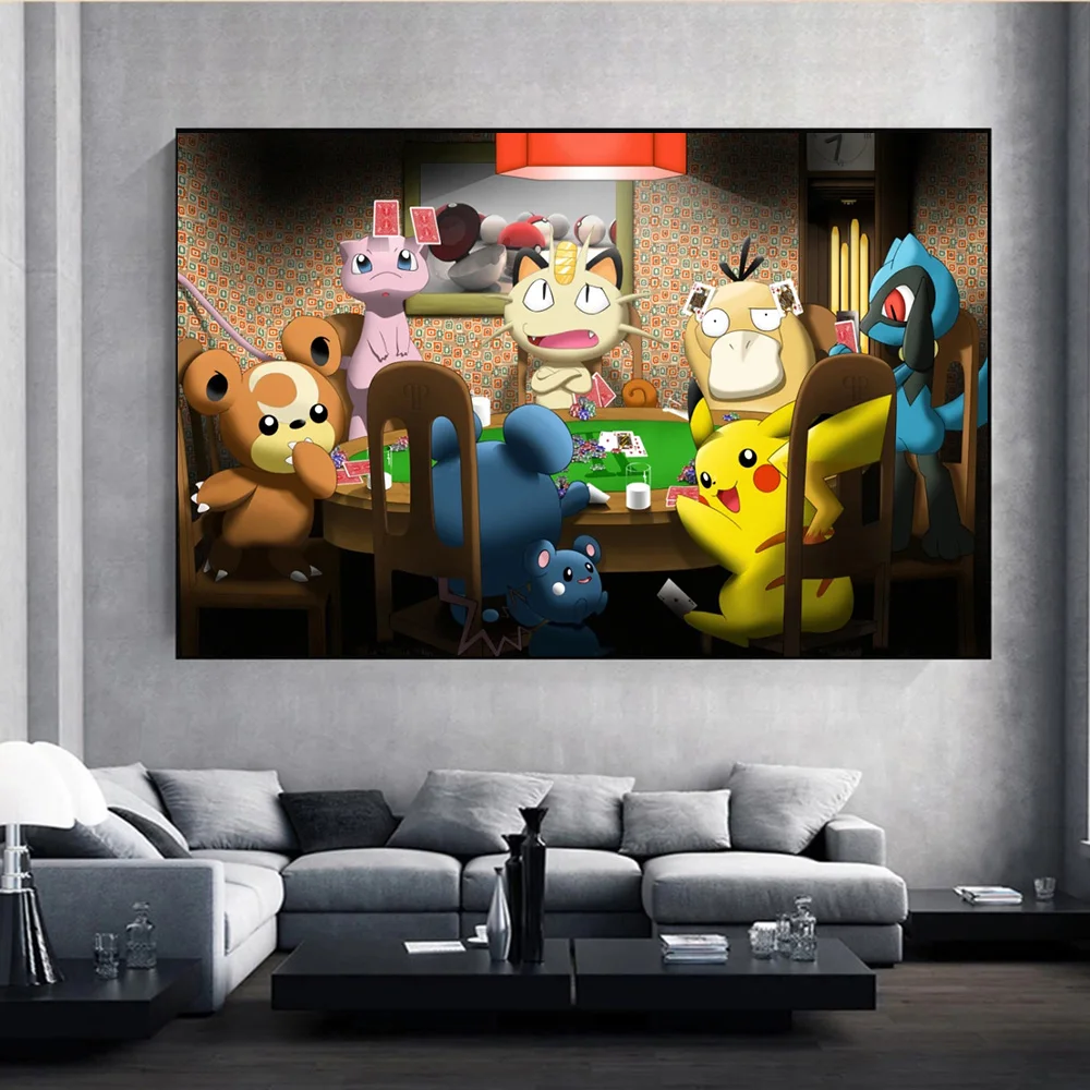

Funny Anime Art Poster Print Epic Pokemon Poker Game Pikachu Meowth Psyduck Canvas Painting Wall Pciture Living Room Home Decor