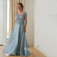 gorgeous a line mother of the bride 2022 dresses with 34 lace sleeves advanced jade satin woman formal evening dresses