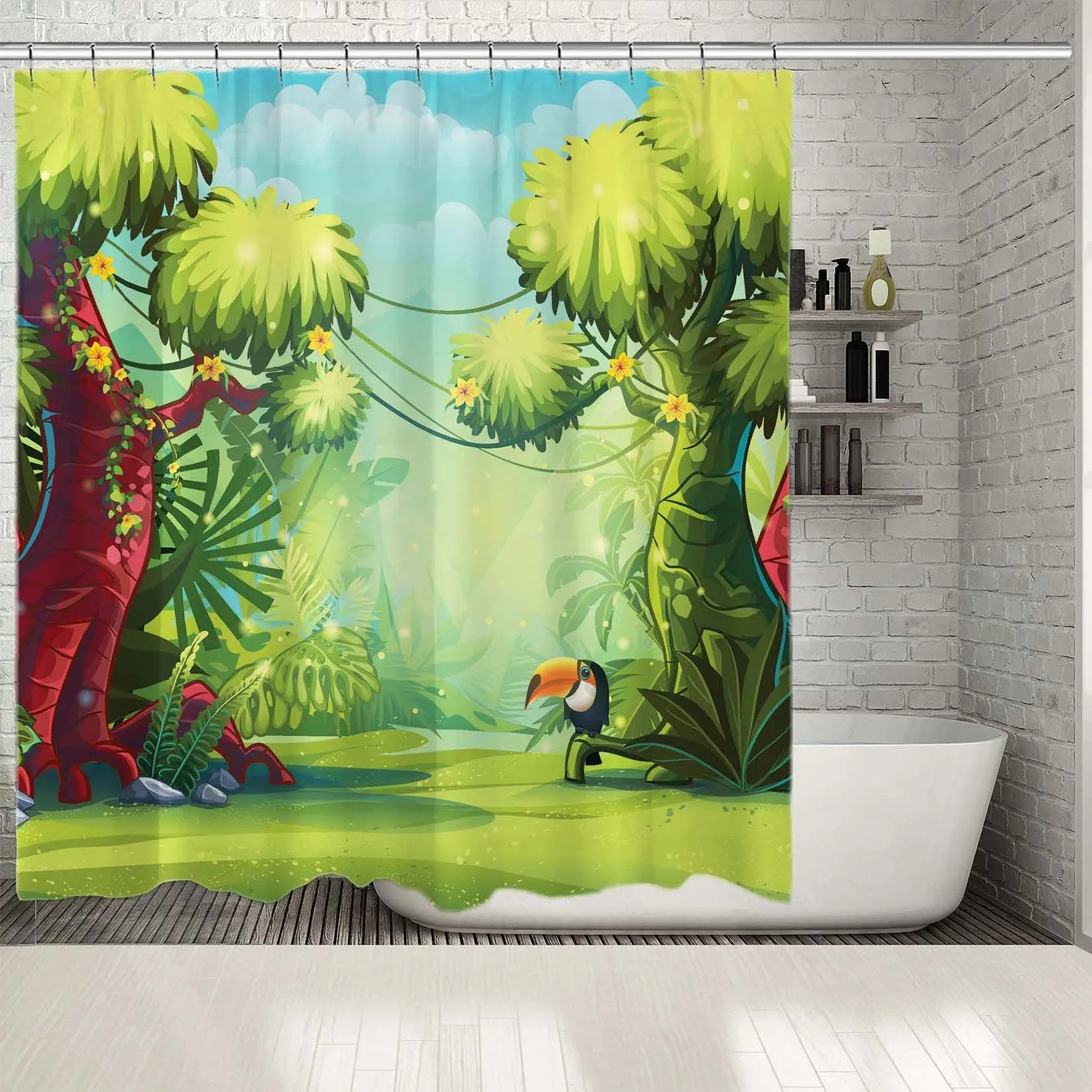 Занавеска для душа Toucan деревья и цветы джунгли дикая жизнь иллюстрация