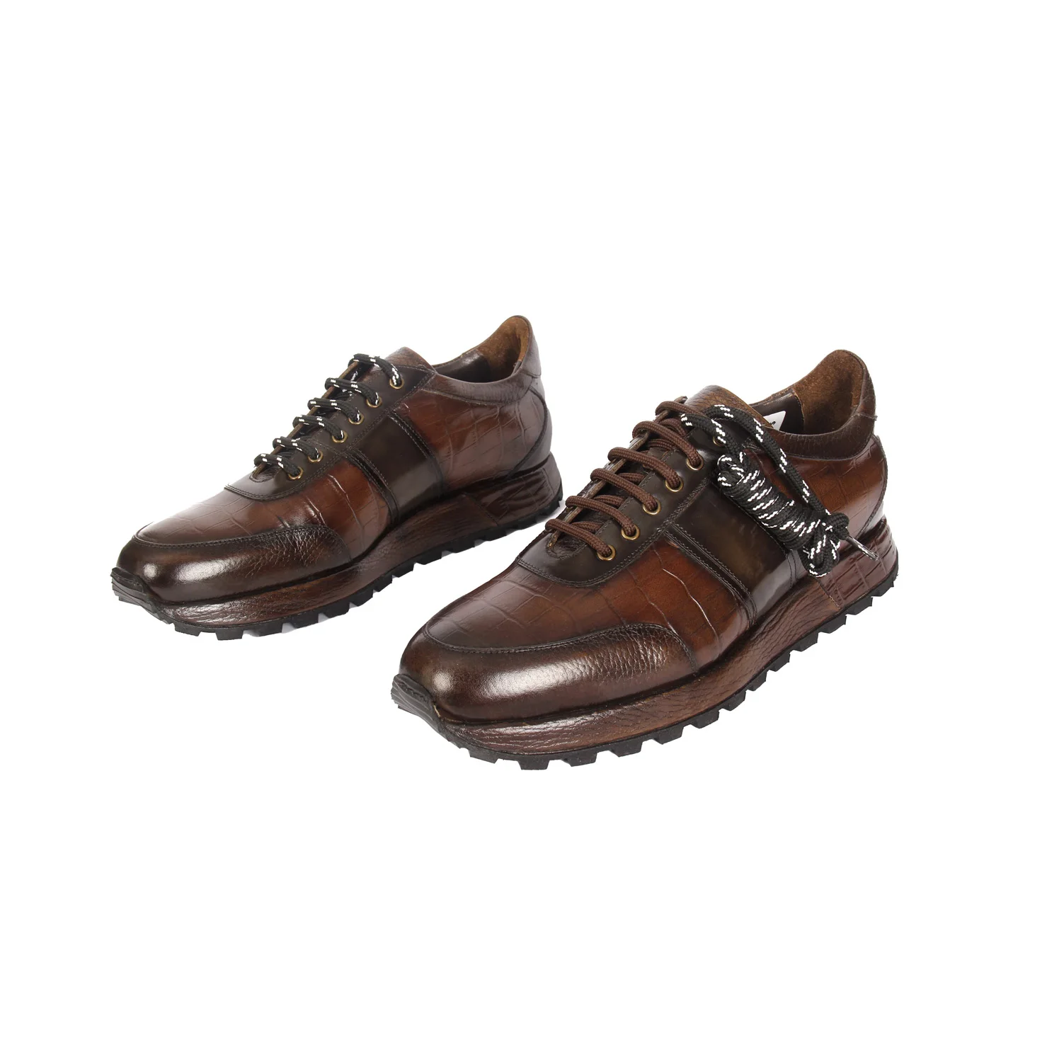 

Handmade Brown Sport Shoes with Croco Imitation Leather, Rugan, Real Calf, Men's Premium Moc Croc Shiny Fashion Shoes, 2021