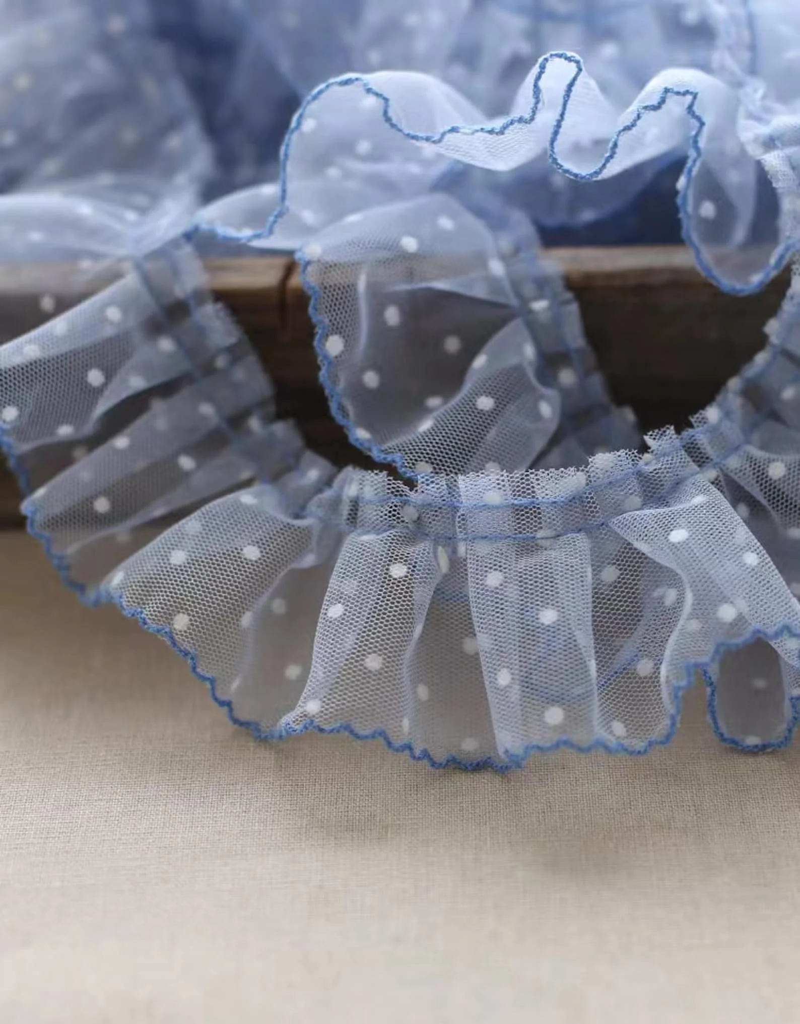 

10 ярдов светильник-голубой оборками с бархатной отделкой в горошек, плиссированная оборка в горошек, Новое поступление