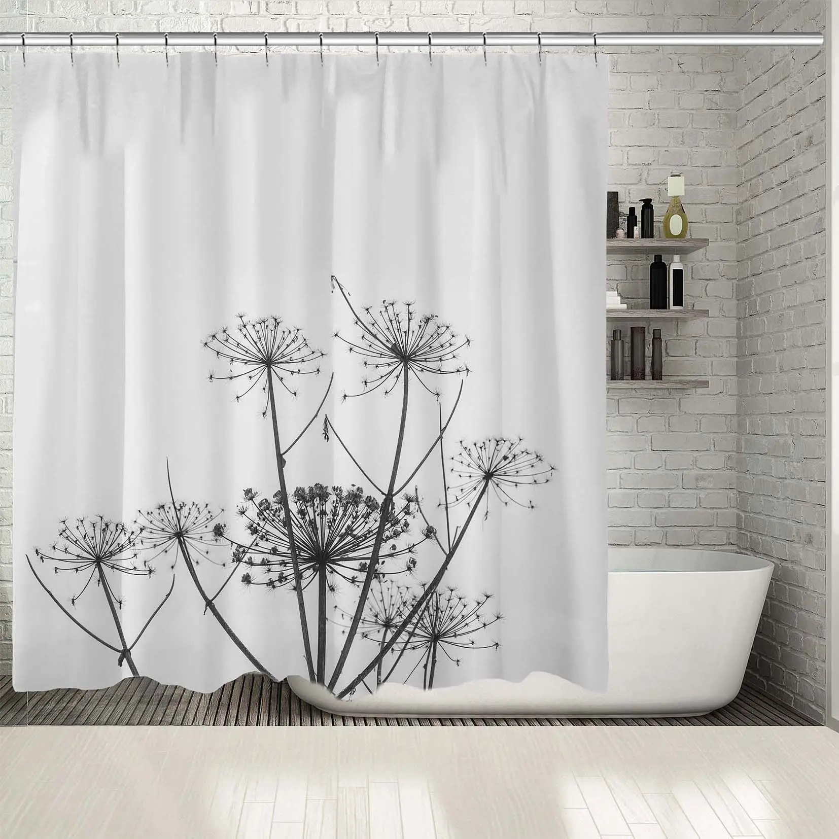 

Shower Curtain Dandelion Stems Flowers Meadow in Nature Wilflower Monochromic Artwork Black Gray