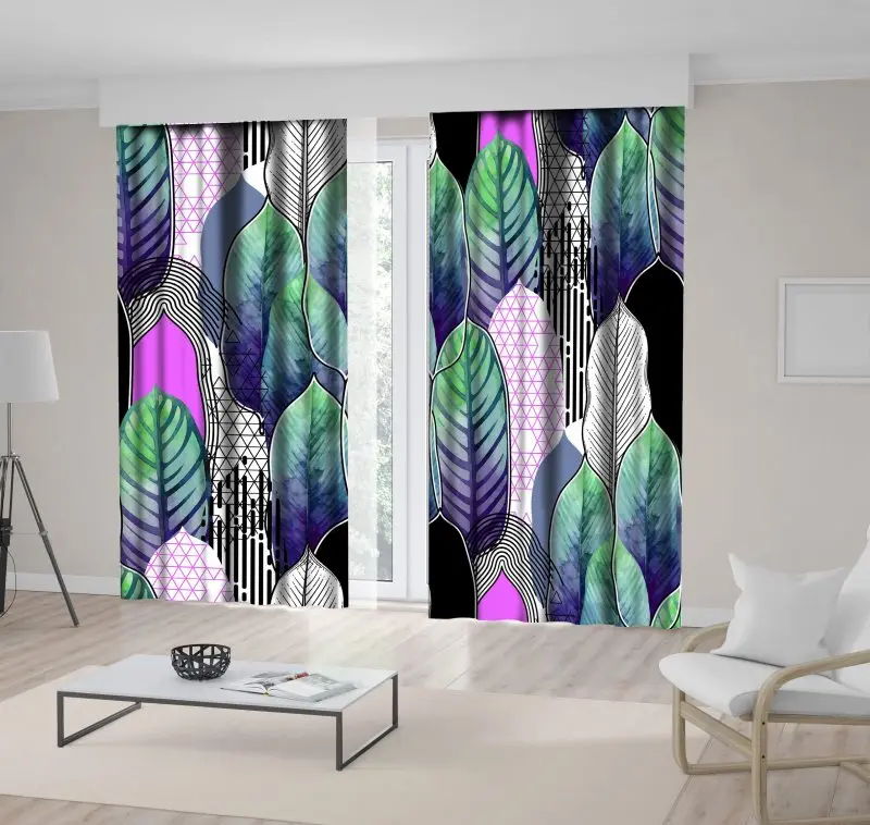 

Curtain Exotic Heliconia Leaves and Geometric Shapes in Line Modern Watercolor Style Graphic Art Purple Green Pink