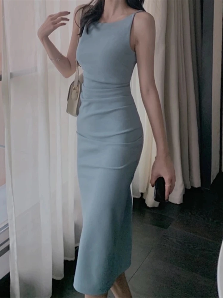 2022 New Women Spaghetti Strap Sexy Bodycon Midi Dress Summer Backless Elegant Sleeveless Party Dress