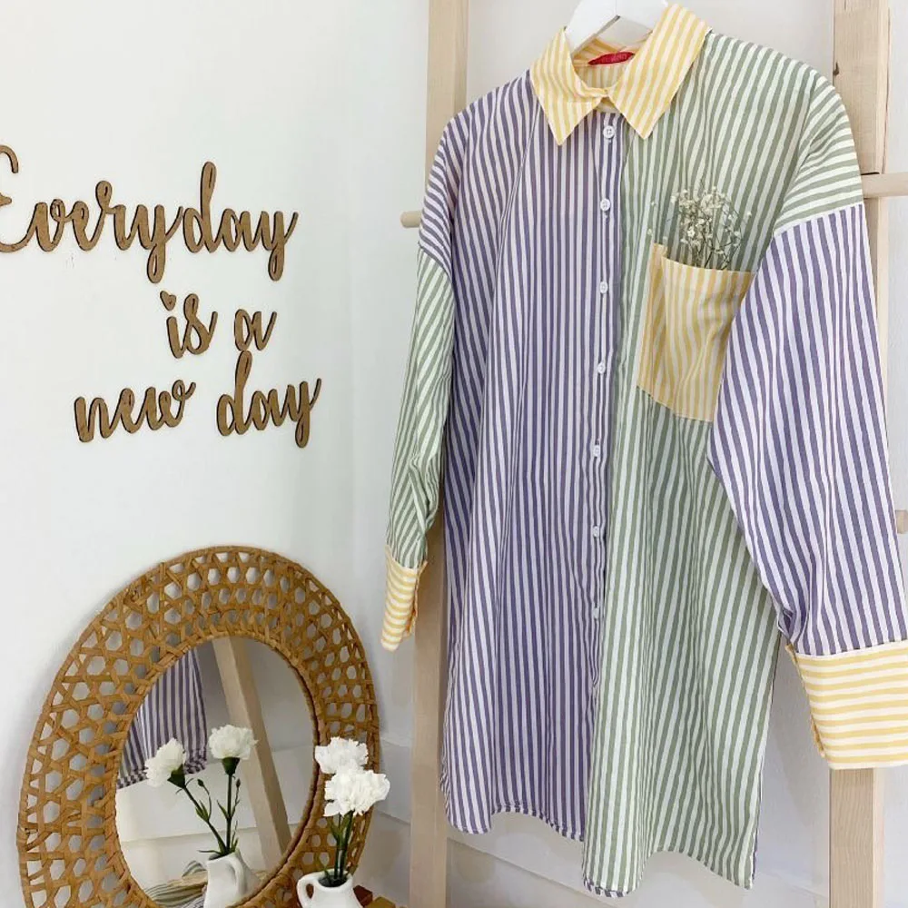 

Hijab Clothing Colorful Striped Shirt Fashion 2021 Poplin Fabric