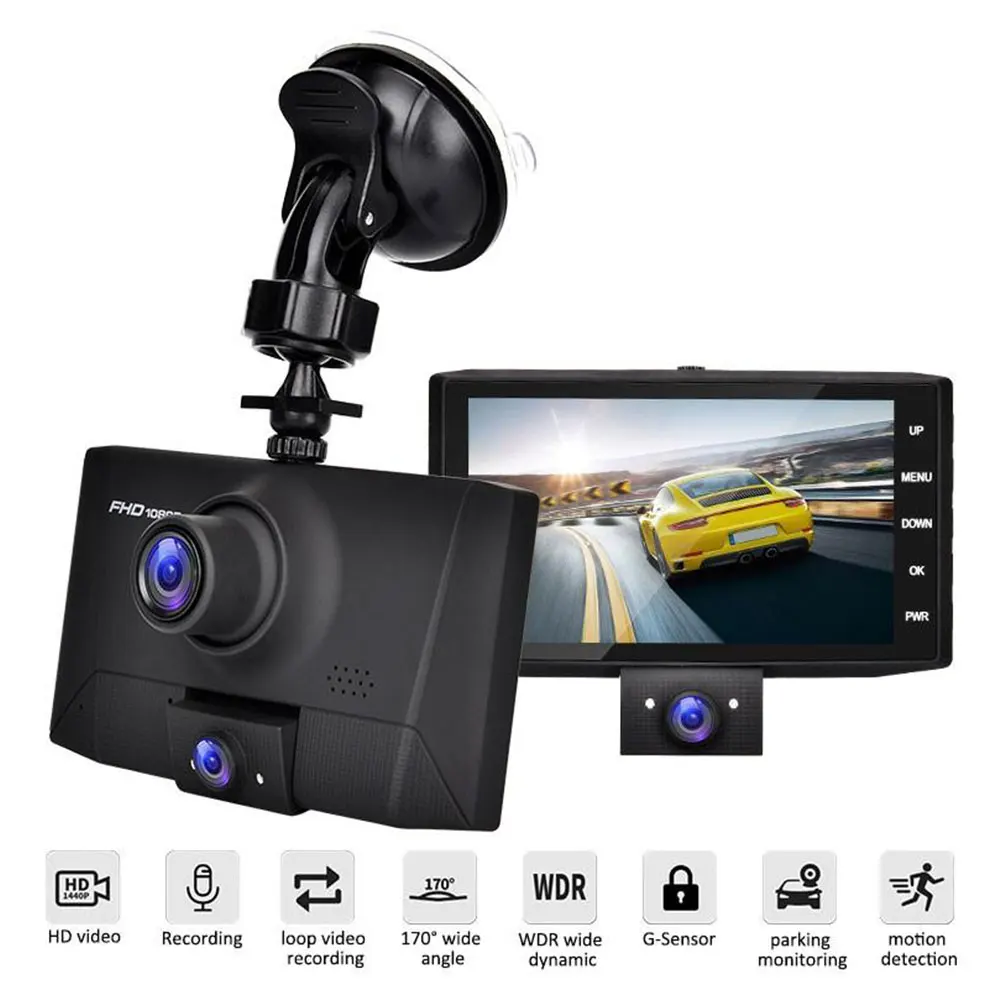 

4 Inches IPS Mini Car DVR 1080P Full HD 3 Lens Camera HDR Night Vision 24 Hours Parking Monitoring Dash Cam Universal