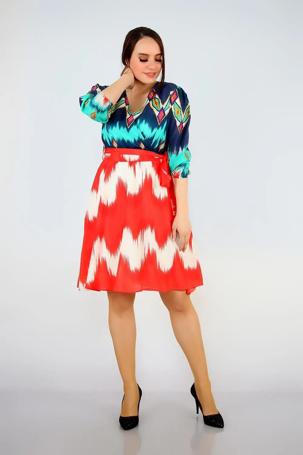 Женское шифоновое платье большого размера с рукавом три четверти кораллового