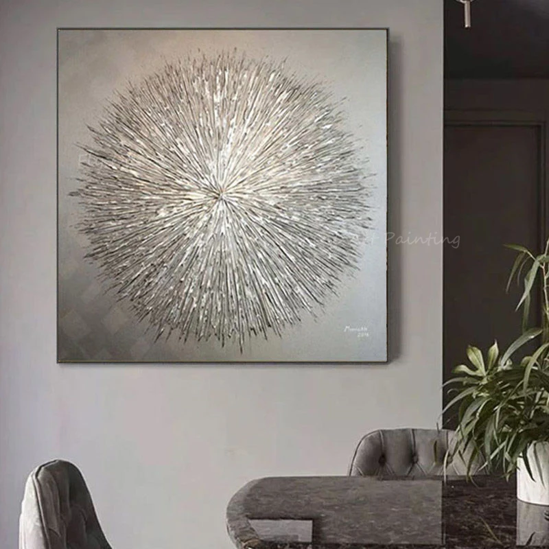 

100% Handmade silver thick circle abstract classic pop design high quality artwork oil painting for home office decoration