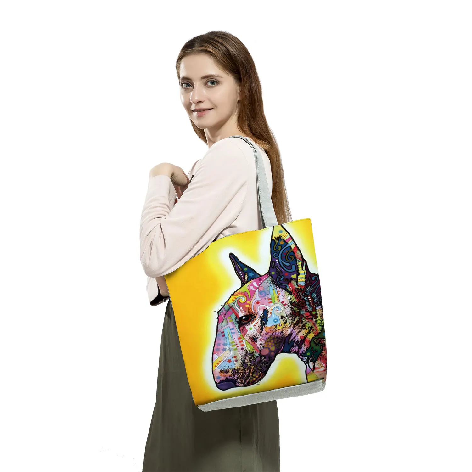 Color Painting Funny Bull Terrier Dog Print Shopping Bags Animal Tote Women Ladies Casual Handbag School Traveling Shoulder Bag