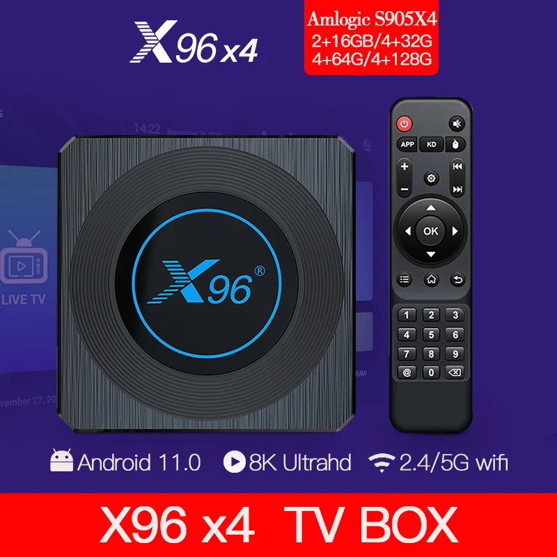 

ТВ-приставка X96 X4, Amlogic S905X4, Android 11, 4 ГБ, 64 ГБ, RGB-подсветка, поддержка 8K, Двойной Wi-Fi, BT4.1, Youtube, 32 ГБ, ТВ-приставка X96X4, Смарт ТВ-приставка