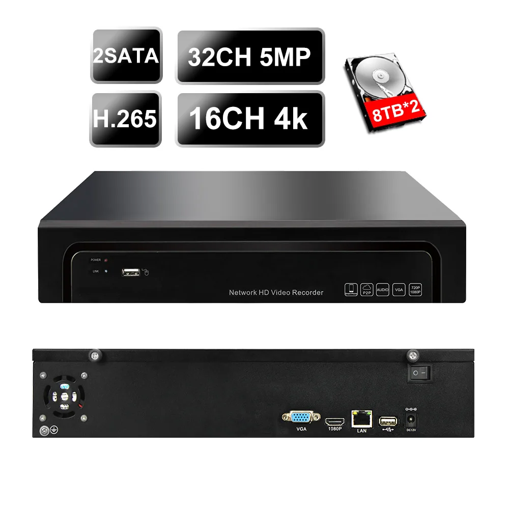 4K Onvif NVR поддерживает 32ch 5MP или 16ch доступ к ip-камере 2 SATA UP16TB P2P Запись H.264/H.265 сетевой