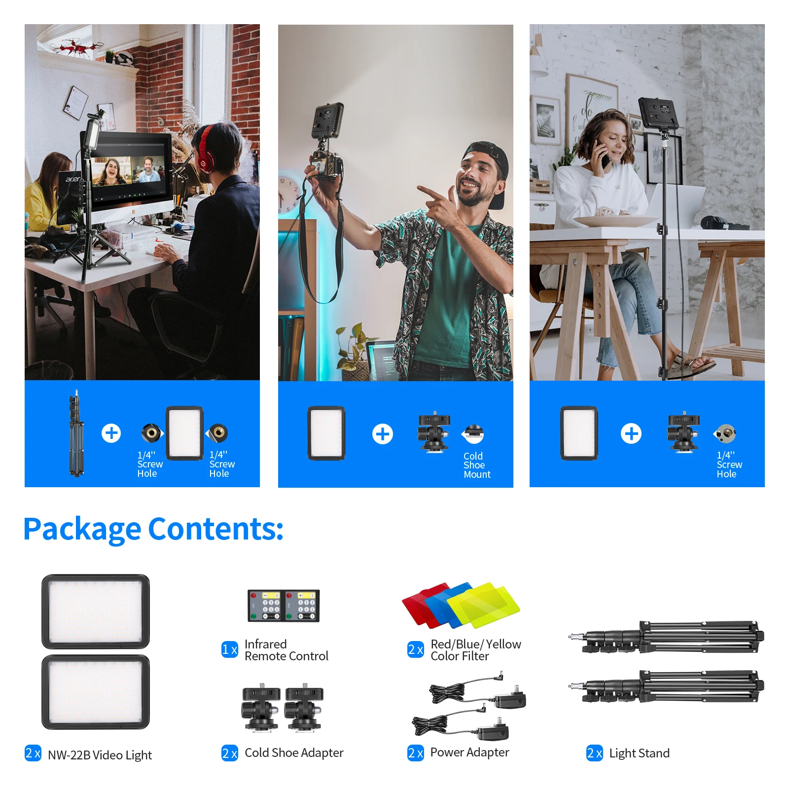 

Neewer 2-Pack Video Conference Light Kit, 22W 3200K~5600K Dimmable LED Video Light with Remote Control, 50 Light Stand for Zoom