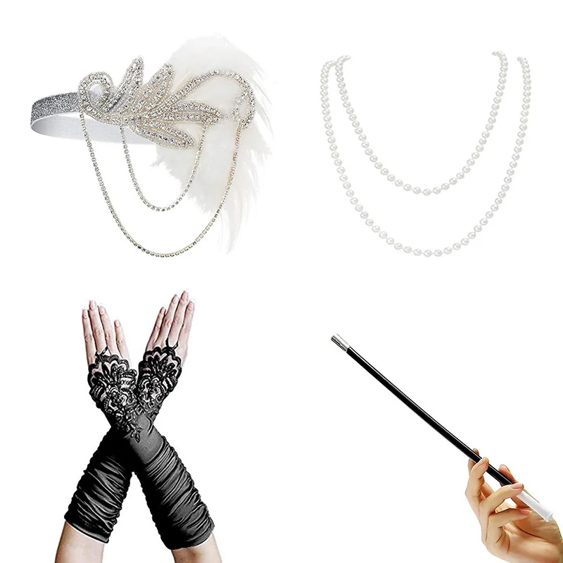 1920s-Accessories B Женский Большой Гэтсби Хлопушка платья 1920s блесток бисером бахромой платье/аксессуары набор xs-xxl(серебро, золото - Цвет: 1920s-Accessories B