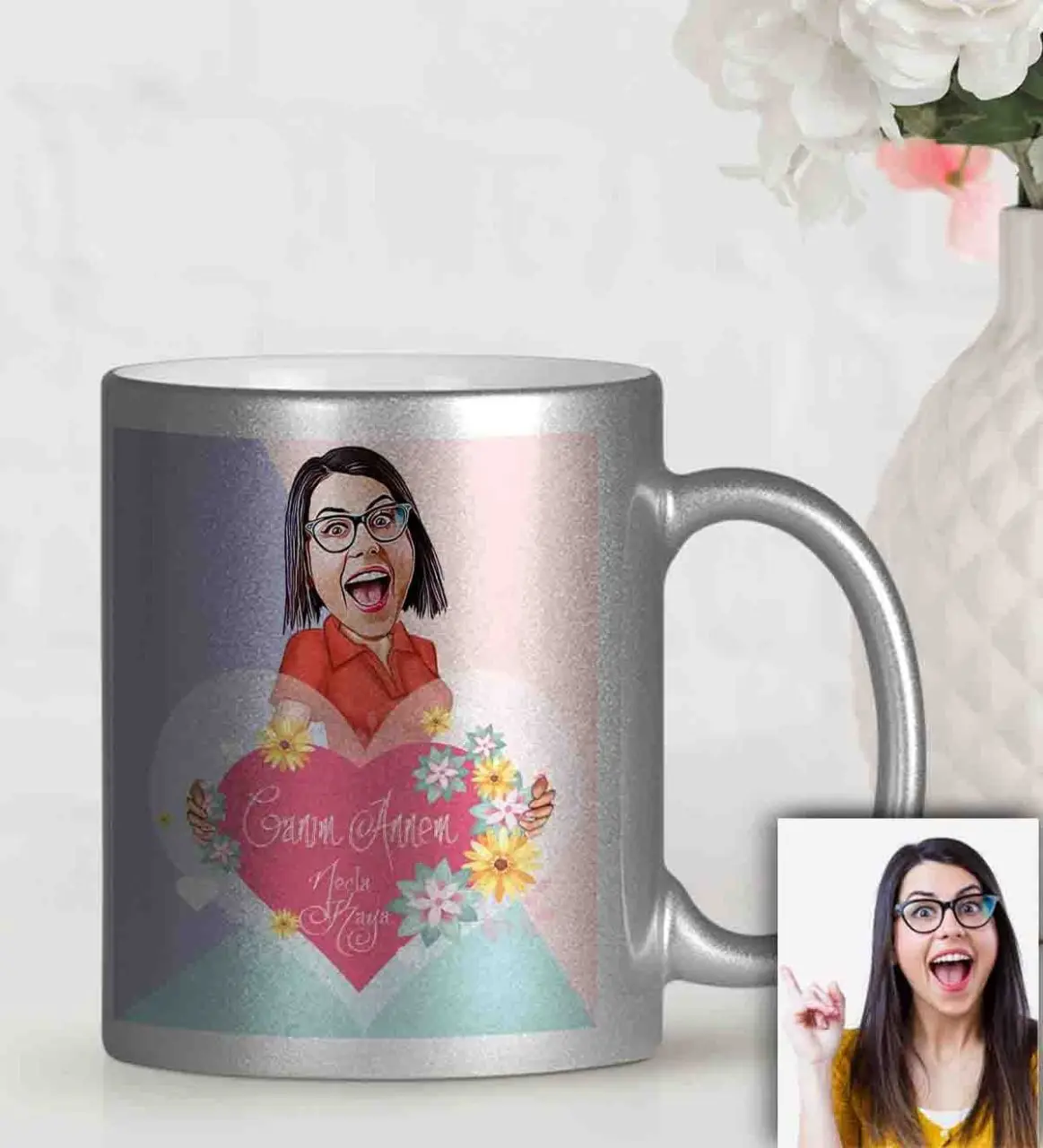 

Personalized Mother 'S Day Themed Silver Gilt Caricature Of Mug Cup Gu8
