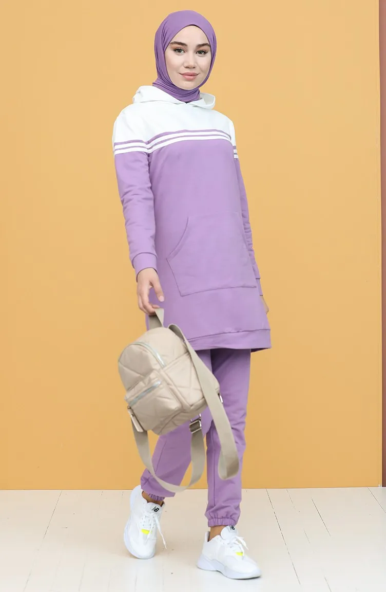Hooded Tracksuit Set Striped Detailed Pocket Long Sleeve Elastic Waist Sweatpants Women Fashion  Muslim  Hijab Turkey  Istanbul