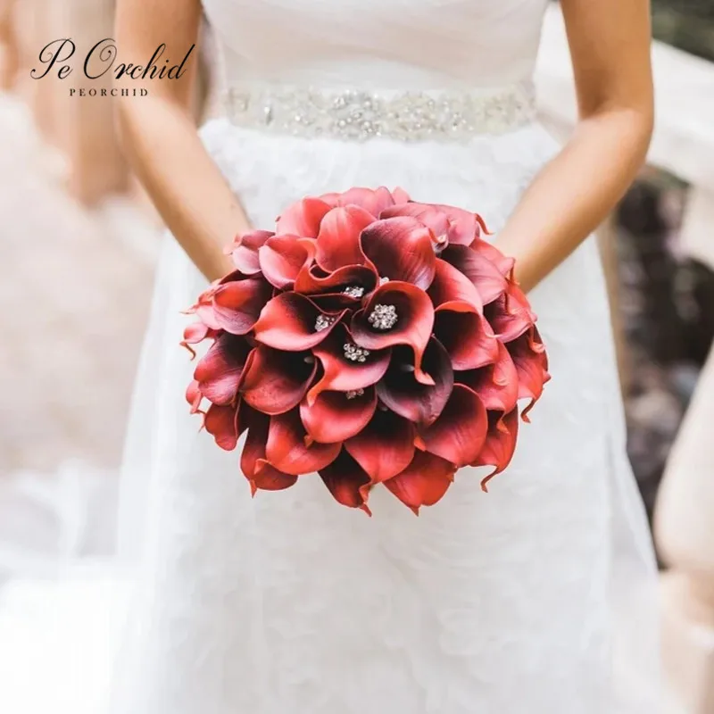 Bouquet de Noiva Peorchid Vermelho Profundo Artificial Calla Lírio Casamento Flores Strass Boeket Bloemen Bruiloft Diamante Bouquet